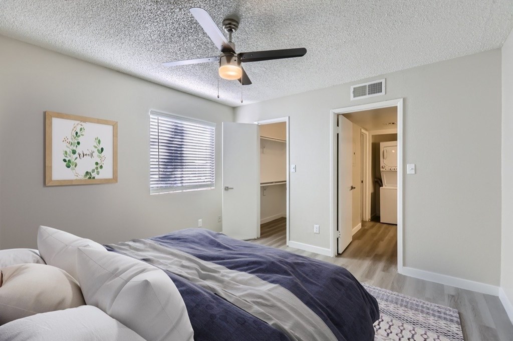 A bedroom with a bed, a ceiling fan, and a picture on the wall.