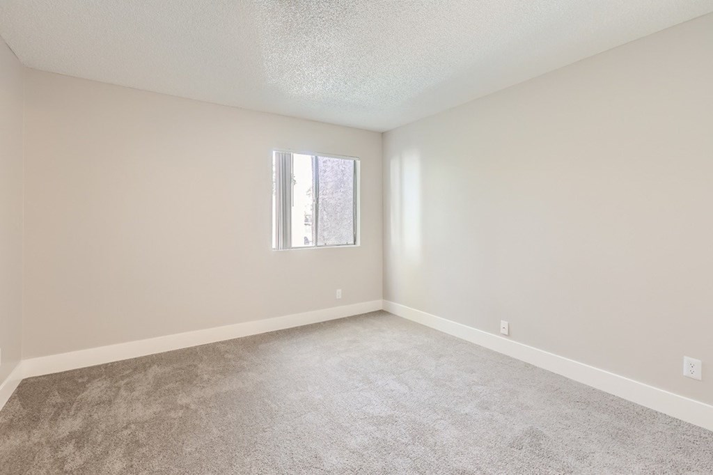 A room with a carpeted floor and a window.