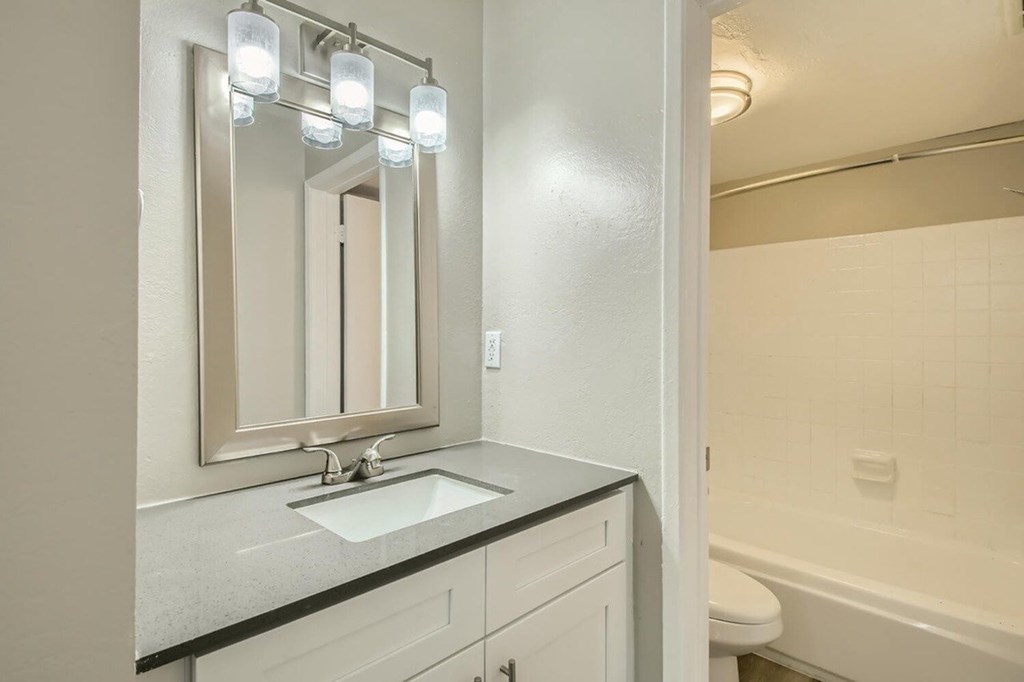 A bathroom with a sink, mirror, and toilet.