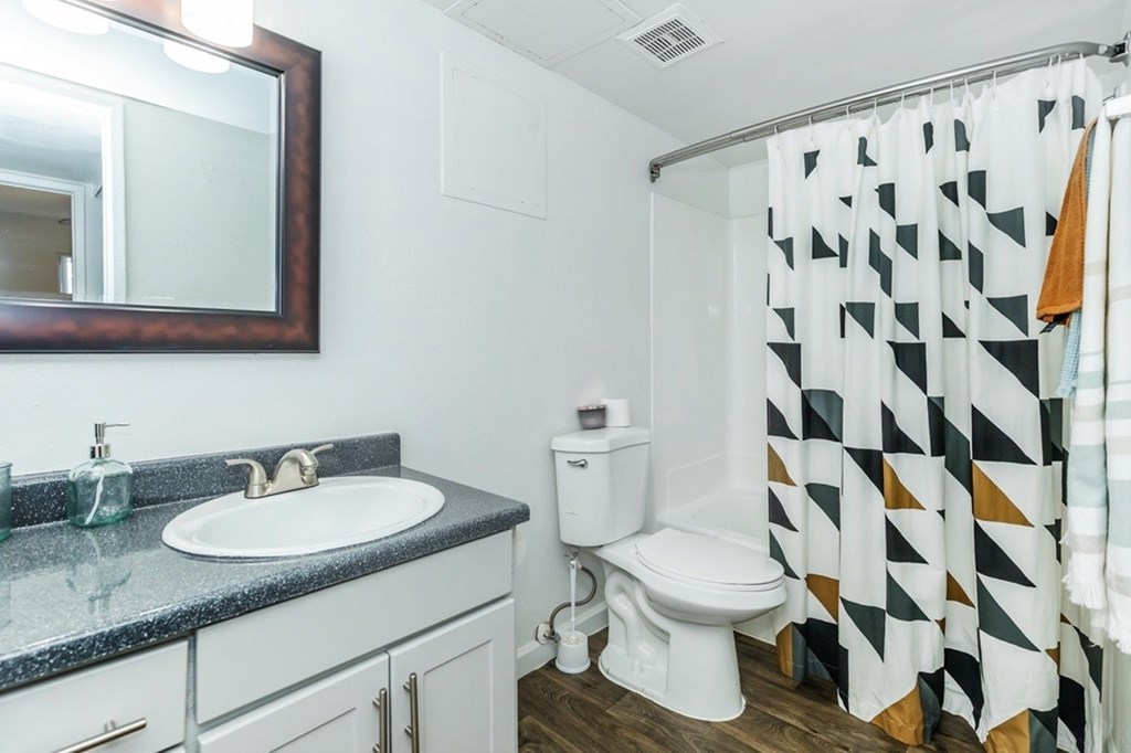 A bathroom with a sink, toilet, and shower curtain.