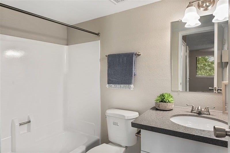 A bathroom with a white toilet, sink, and shower.