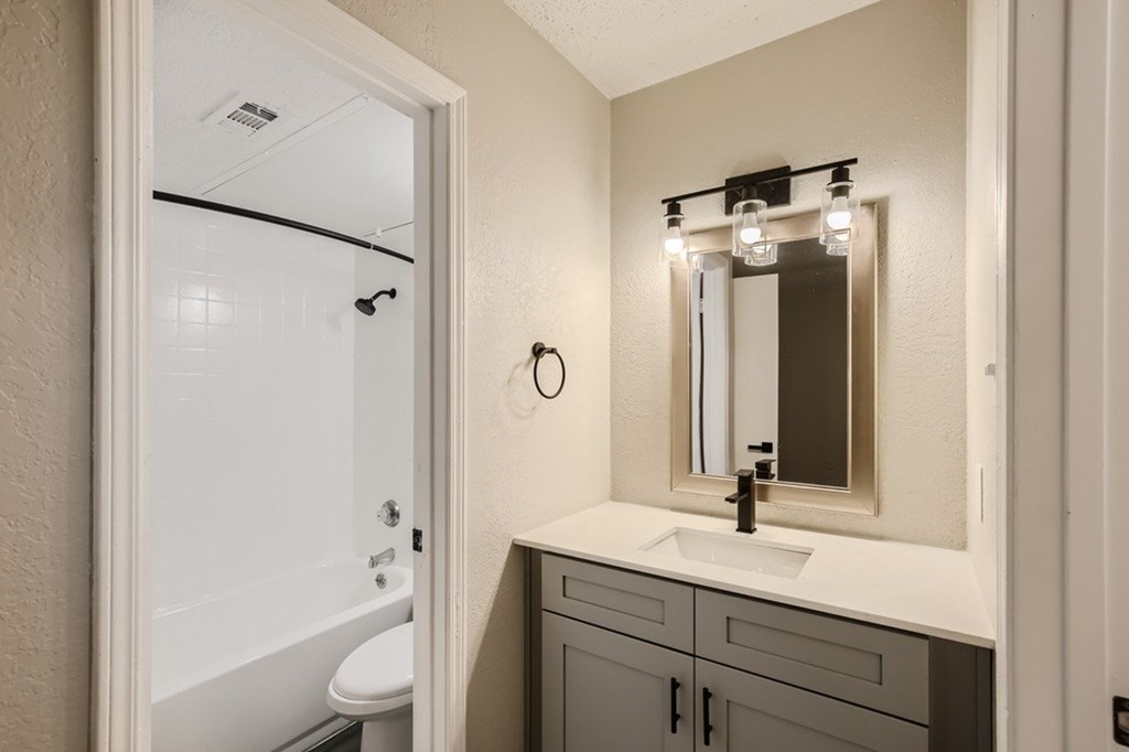 A bathroom with a white sink and a mirror above it.