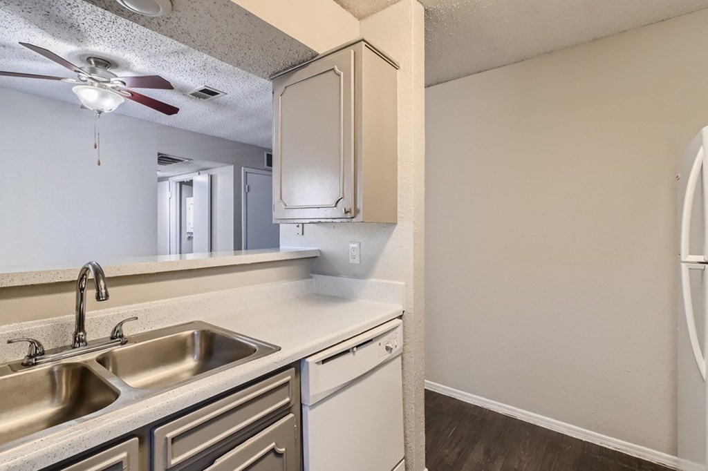 A kitchen with a sink, dishwasher, and a fan.