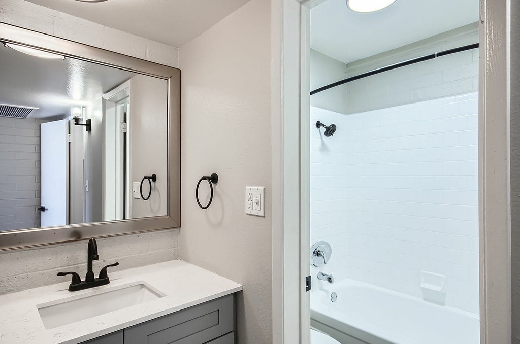 A bathroom with a sink, mirror, and shower.