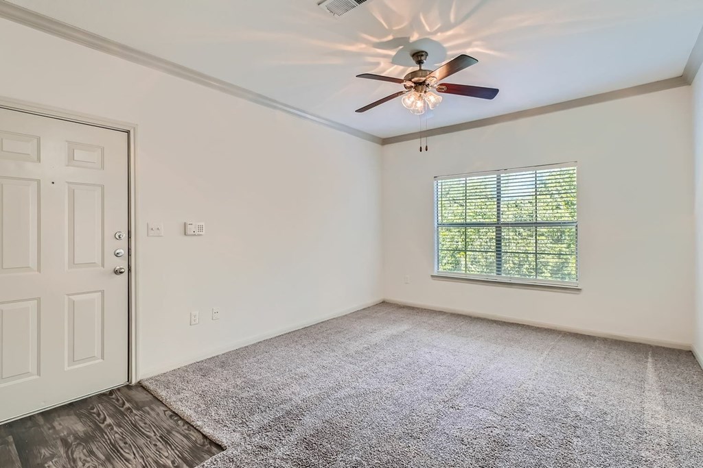 A room with a ceiling fan and a window with blinds.