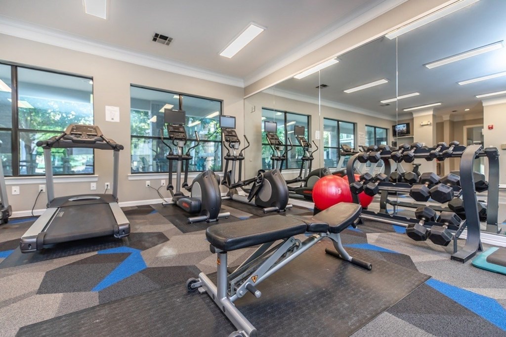A gym with a variety of equipment including treadmills, exercise bikes, and dumbbells.