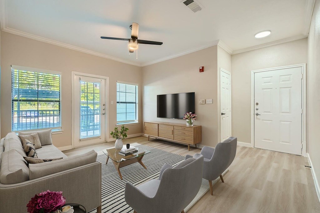 A living room with a grey couch, a coffee table, and a television.