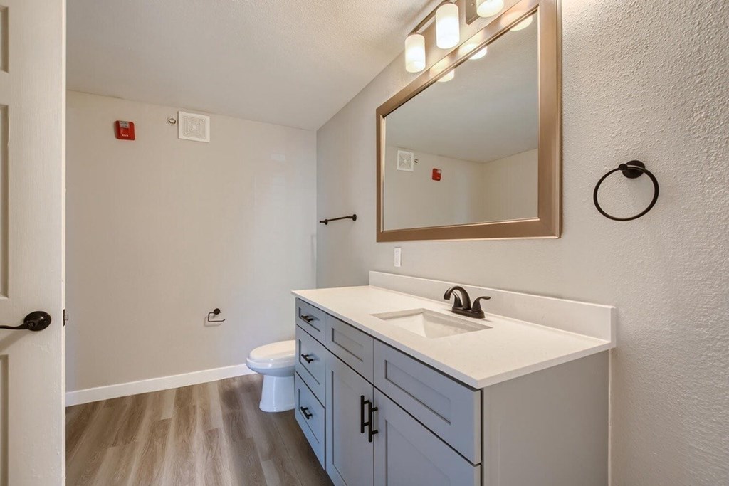 A bathroom with a white sink and a mirror above it.