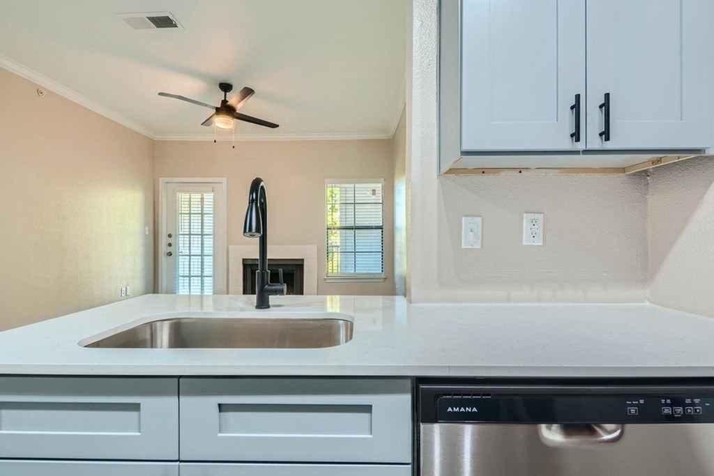A kitchen with a sink and a dishwasher.