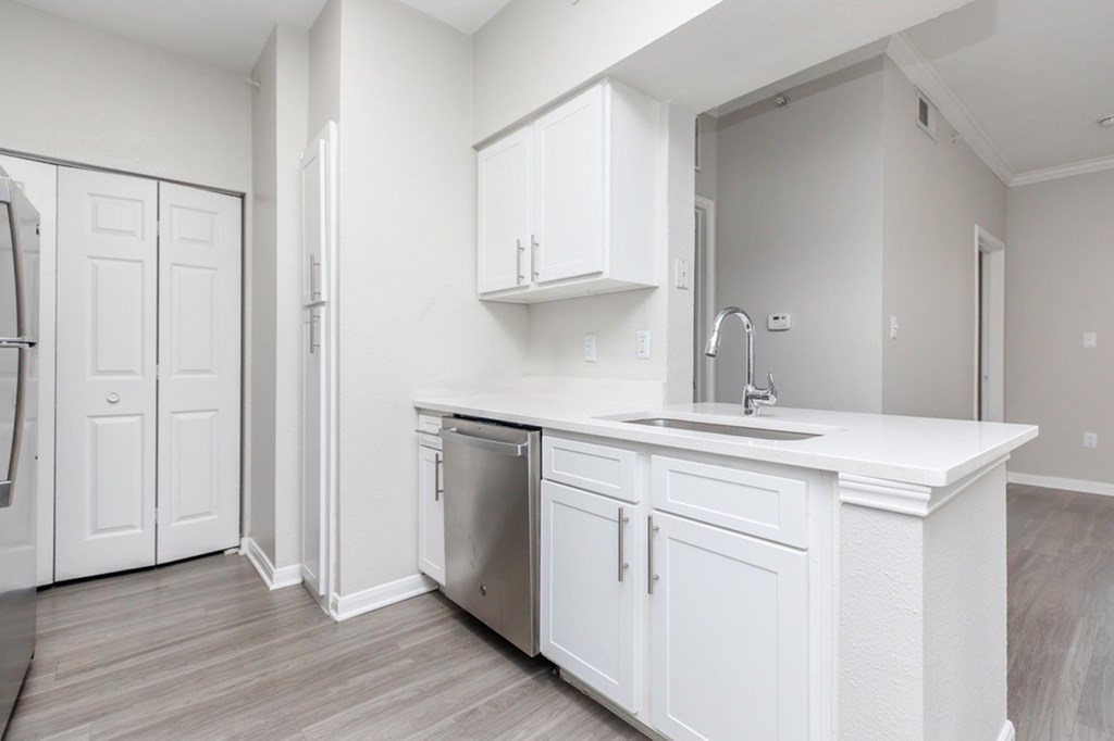 A white kitchen with a sink and a dishwasher.