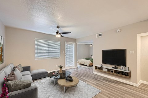 A living room with a grey couch, a coffee table, a television, and a ceiling fan.