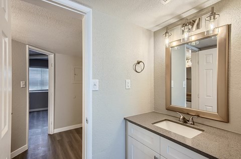 A bathroom with a sink, mirror, and lighting fixture.