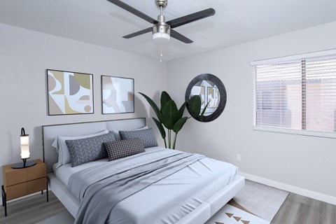 A bedroom with a bed, a ceiling fan, and a plant.