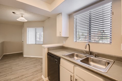 A kitchen with a sink, dishwasher, and window with blinds.