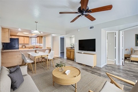 A living room with a ceiling fan and a grey couch.