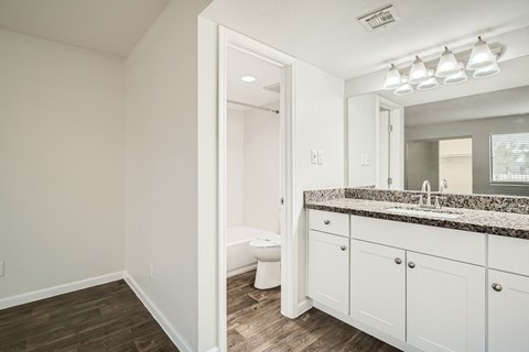 A bathroom with a toilet, sink, and mirror.