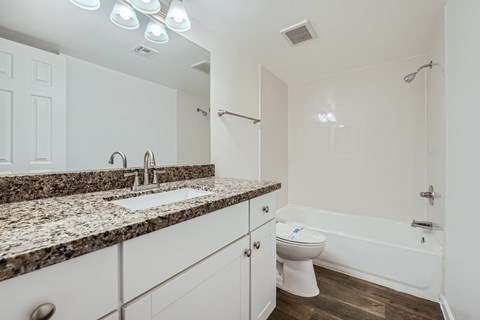 A bathroom with a granite countertop and white fixtures.