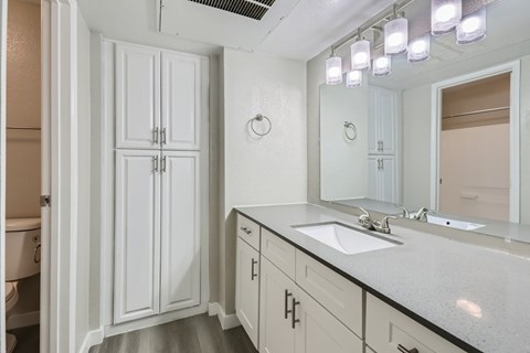A bathroom with a sink, mirror, and cabinets.