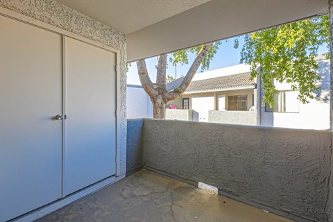 A tree is in the backyard of a house.