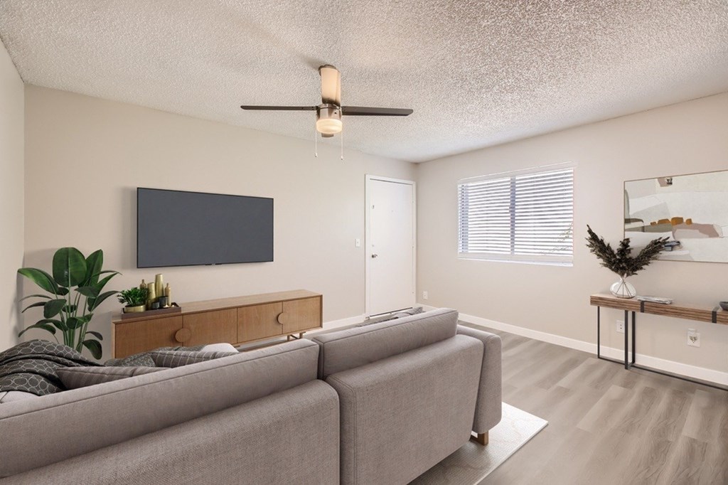 A living room with a grey couch and a flat screen TV mounted on the wall.