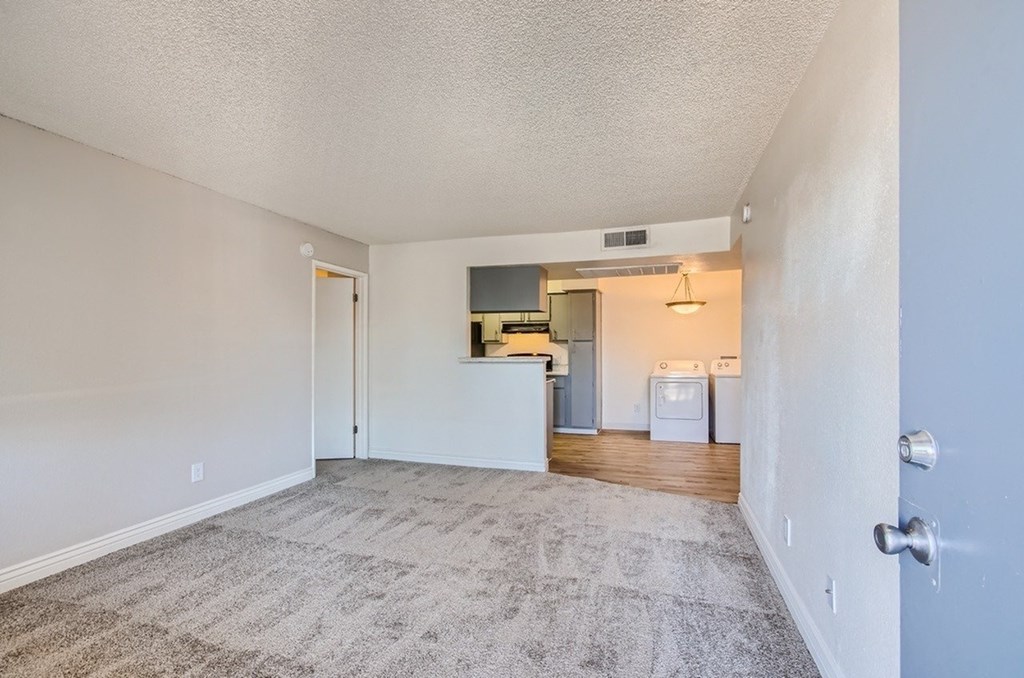 A spacious living room with a carpeted floor and a kitchen area in the background.