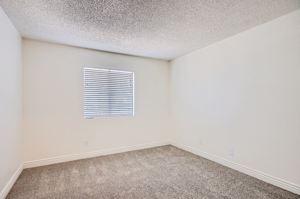 A room with a carpeted floor and a window with blinds.