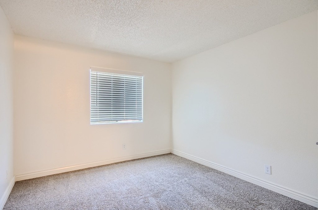 A room with a carpeted floor and a window with blinds.