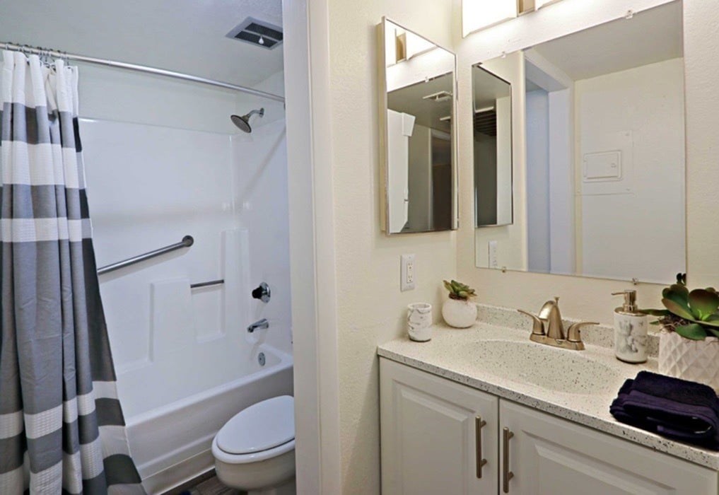 A bathroom with a white toilet, a striped shower curtain, a sink with a gold faucet, and a mirror above the sink.