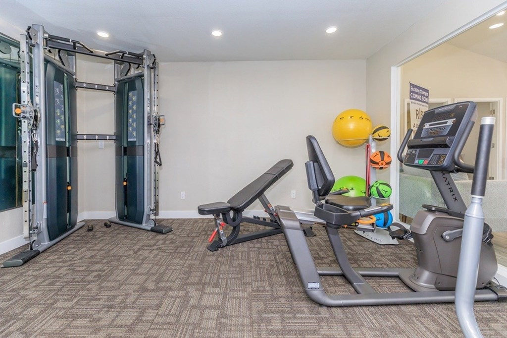 A gym room with a treadmill, a weight machine, and a bench.