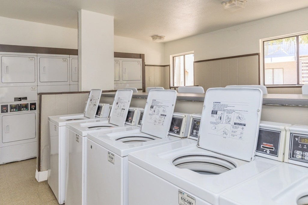 A row of white washing machines are lined up in a laundry room.