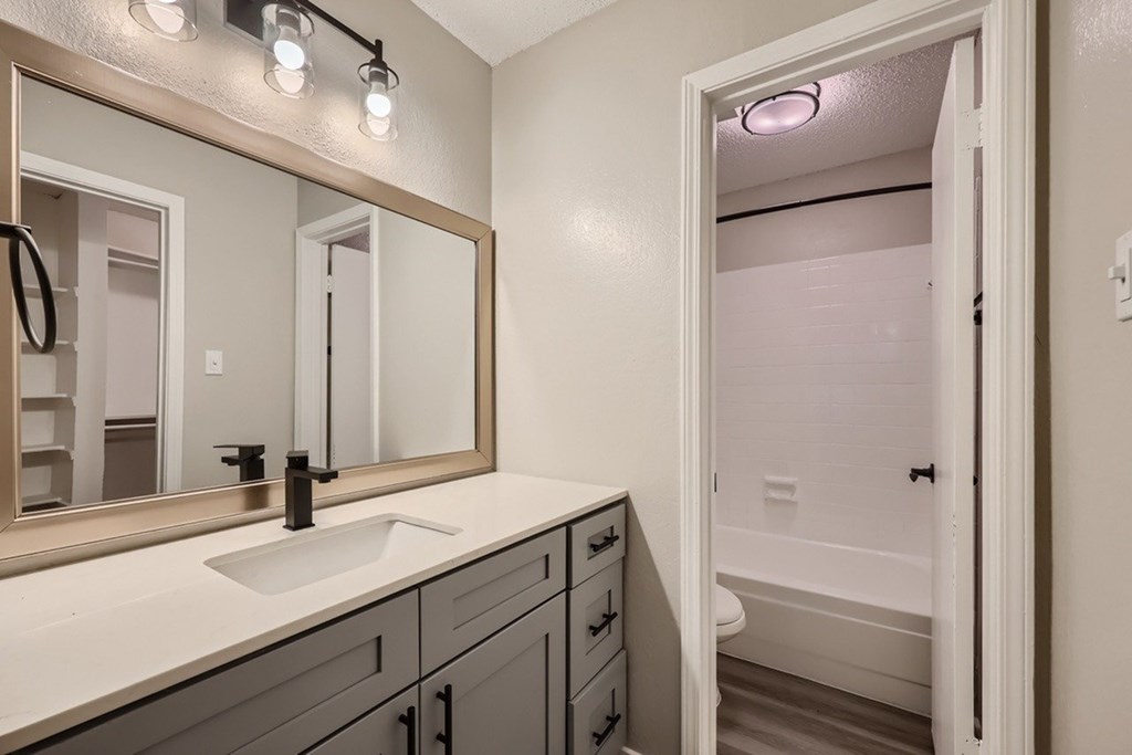 A bathroom with a sink, mirror, and a shower.