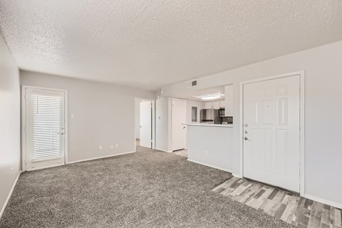 A spacious room with white walls and carpeted floor.