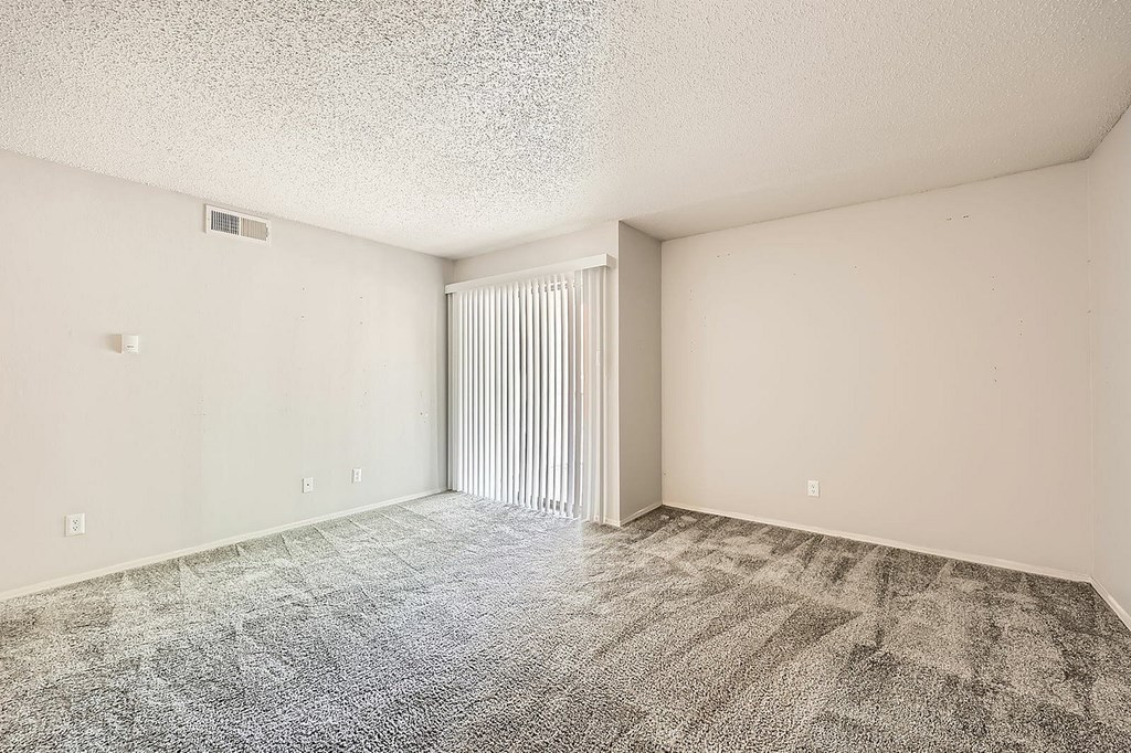 A room with a carpeted floor and a window with vertical blinds.