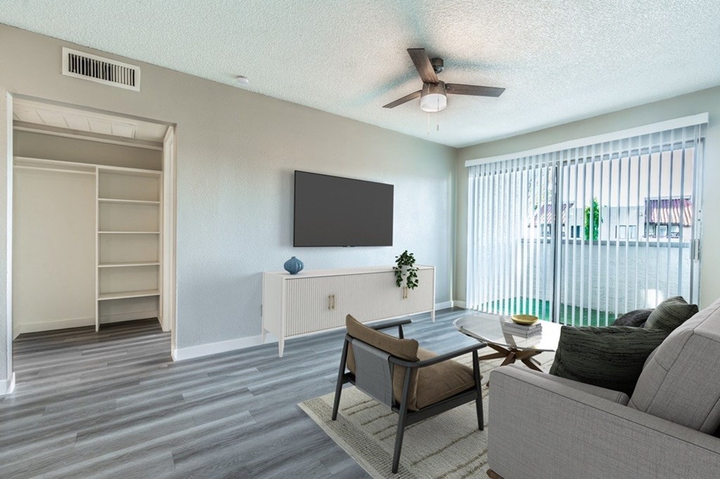 A living room with a grey couch, a chair, a television, and a plant.