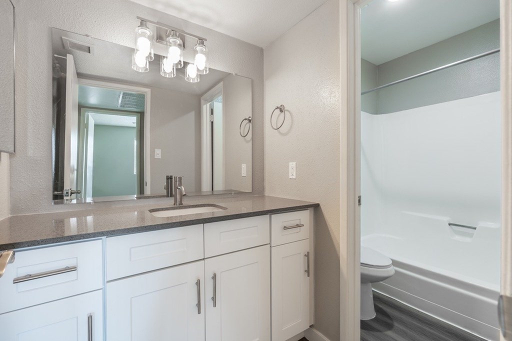 A bathroom with a sink, mirror, and toilet.