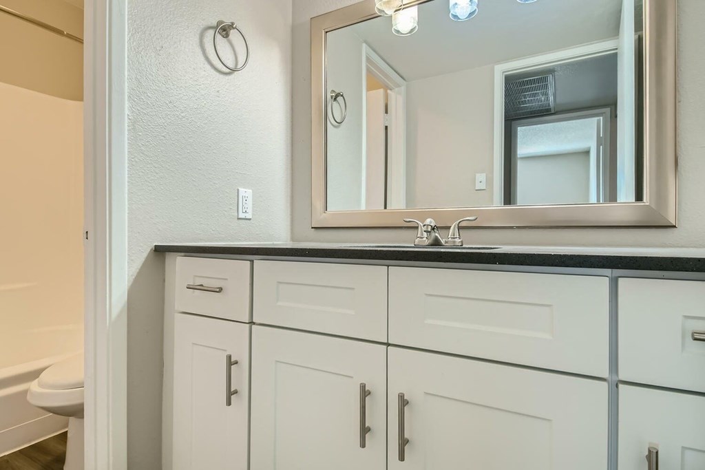 A bathroom with a sink, mirror, and cabinets.