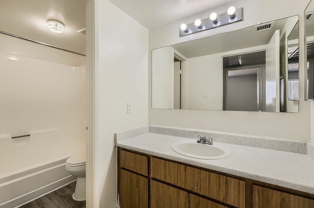A bathroom with a sink, mirror, and toilet.