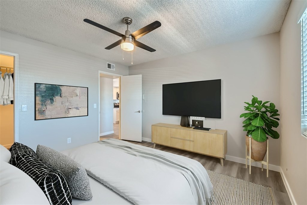 A bedroom with a bed, a television, and a plant.