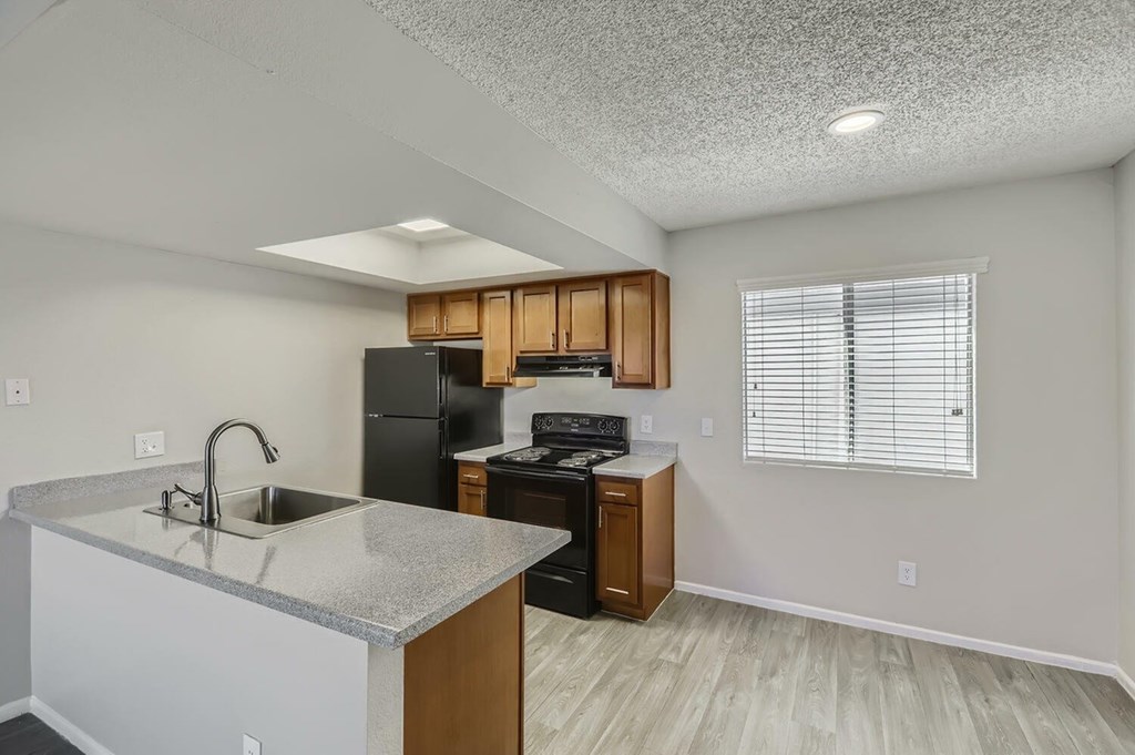 A kitchen with a black fridge, stove, and dishwasher.