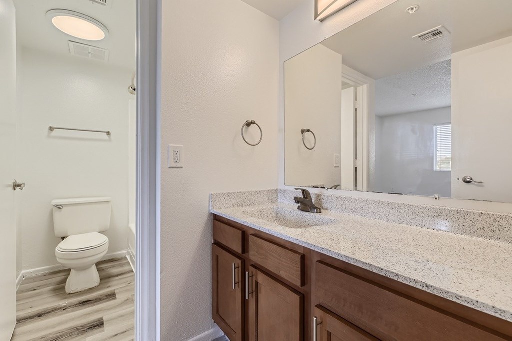 A bathroom with a toilet, sink, and mirror.