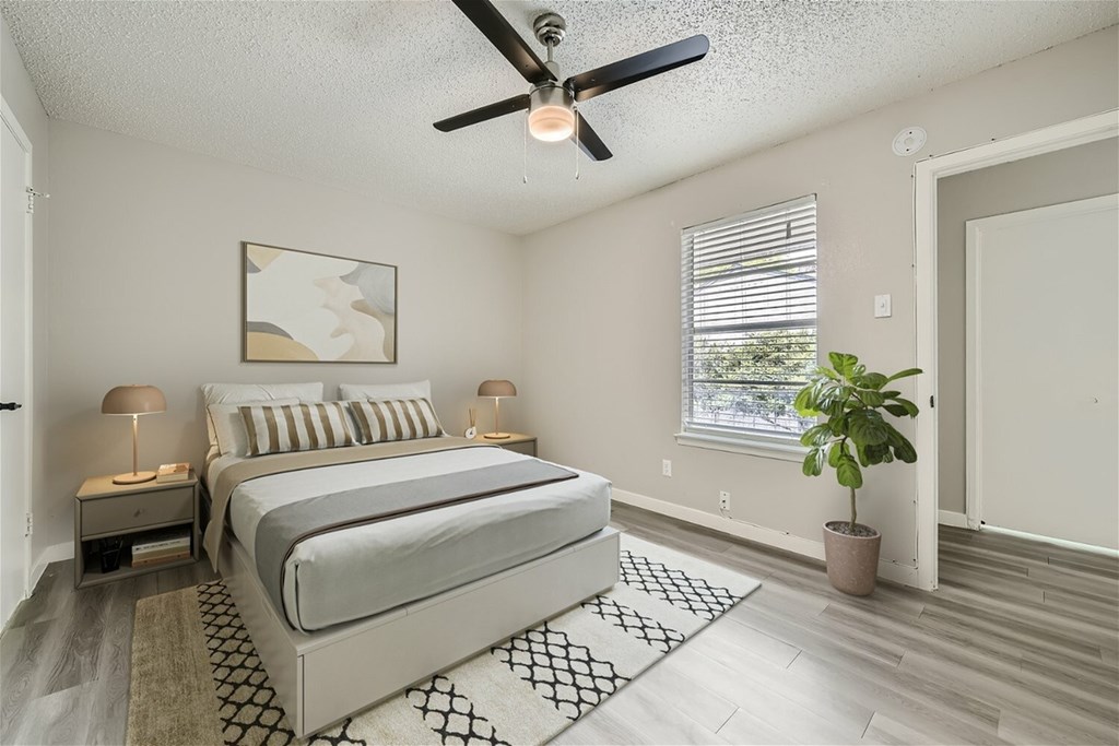A bedroom with a large bed, a ceiling fan, and a potted plant.