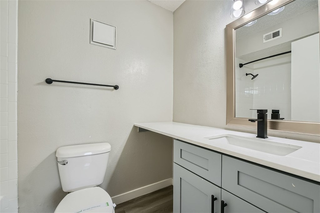 A white toilet sits next to a sink in a bathroom.
