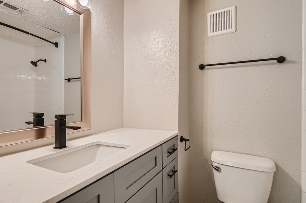 A white toilet sits next to a sink in a bathroom.