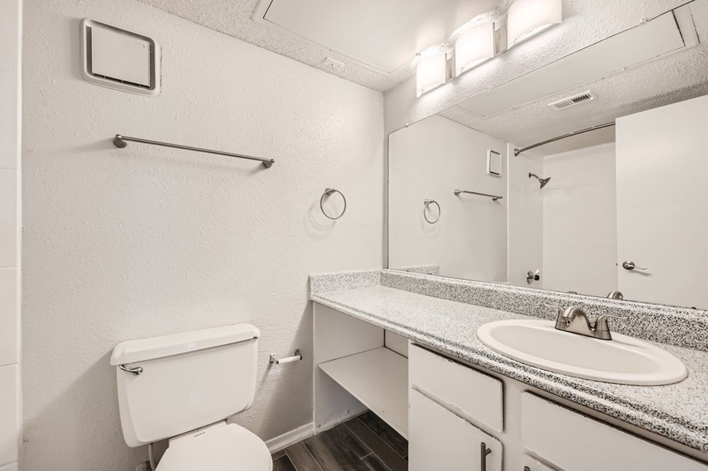 A white bathroom with a toilet, sink, and mirror.