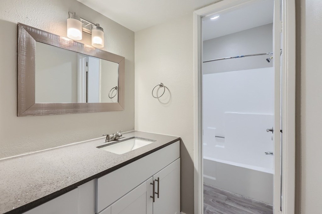 A bathroom with a sink, mirror, and a shower.