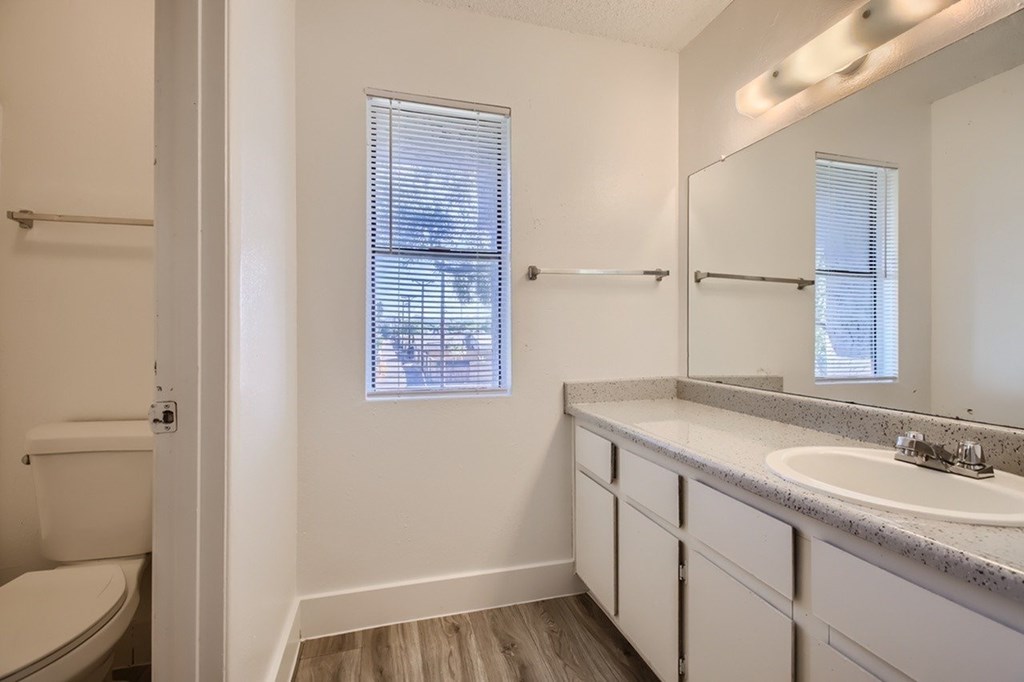 A bathroom with a toilet, sink, and mirror.