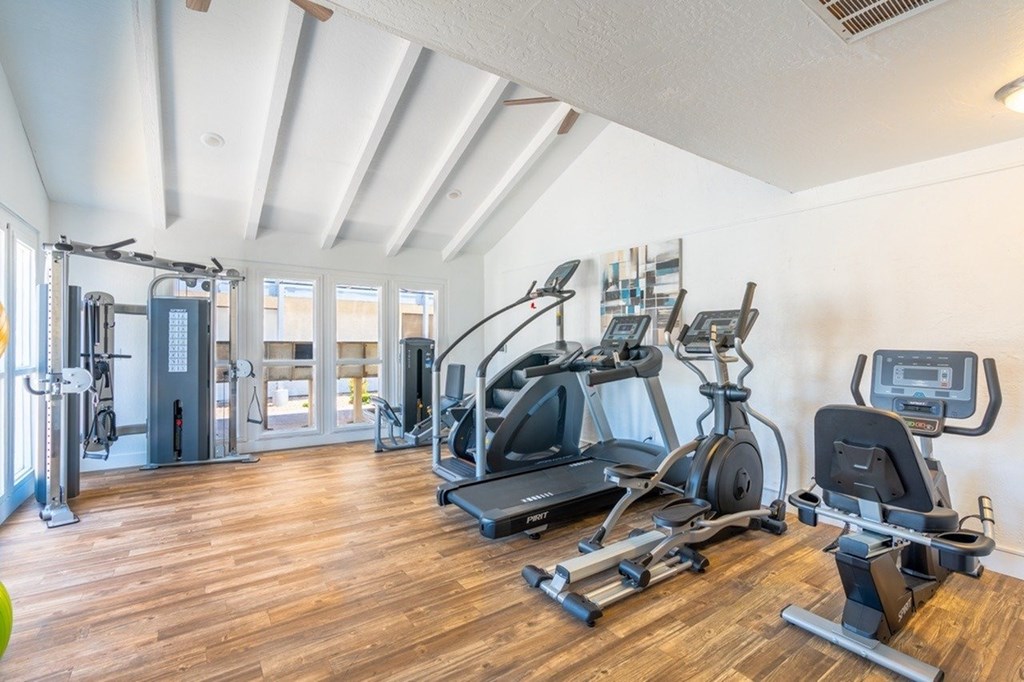 A spacious home gym with a variety of exercise equipment.