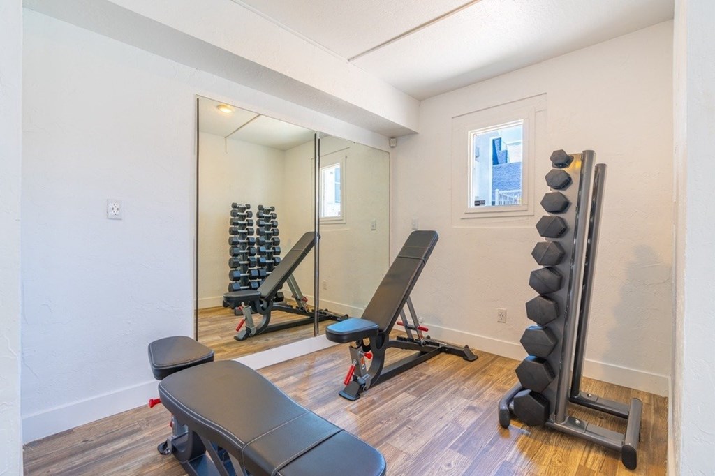 A gym room with a mirror, a bench, a leg press machine, and a rowing machine.
