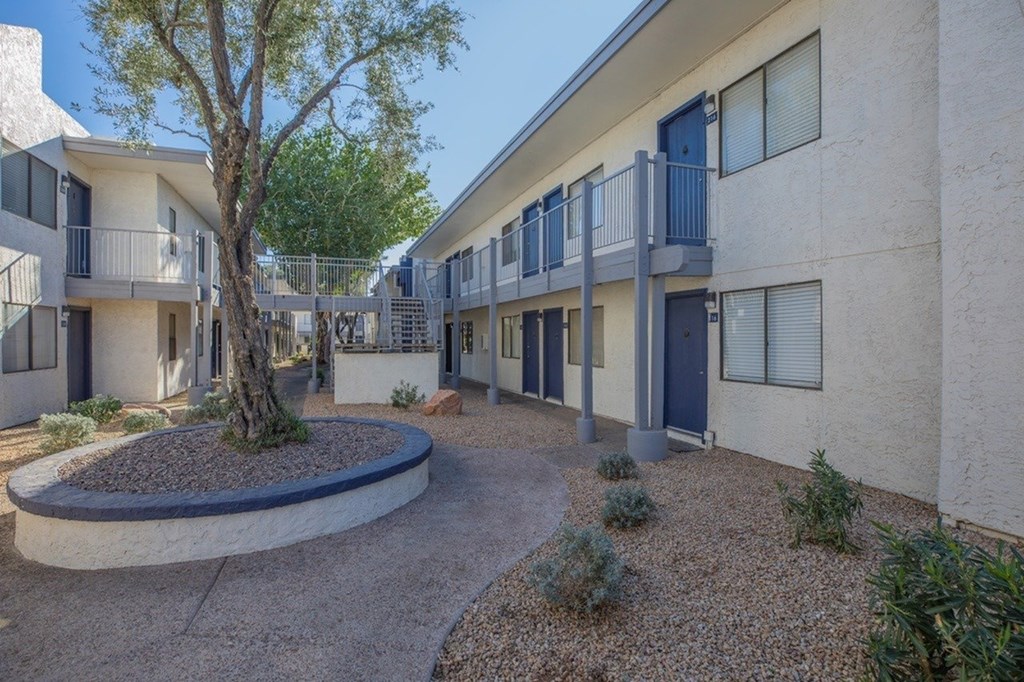 A courtyard with a tree and a gravel path.