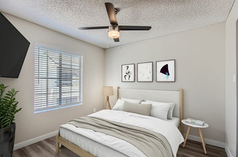 A bedroom with a bed, a ceiling fan, and a potted plant.